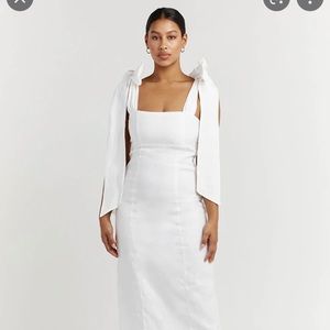 DISSH AISLE WHITE LINEN MIDI DRESS